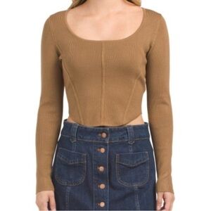 House OF HARLOW 1960 Camel Brown Long Sleeve Crop Knit Corset Top Sz L